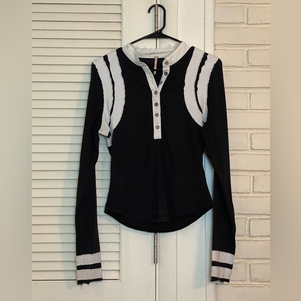 Free People Black and White Henley with Frayed Edges
